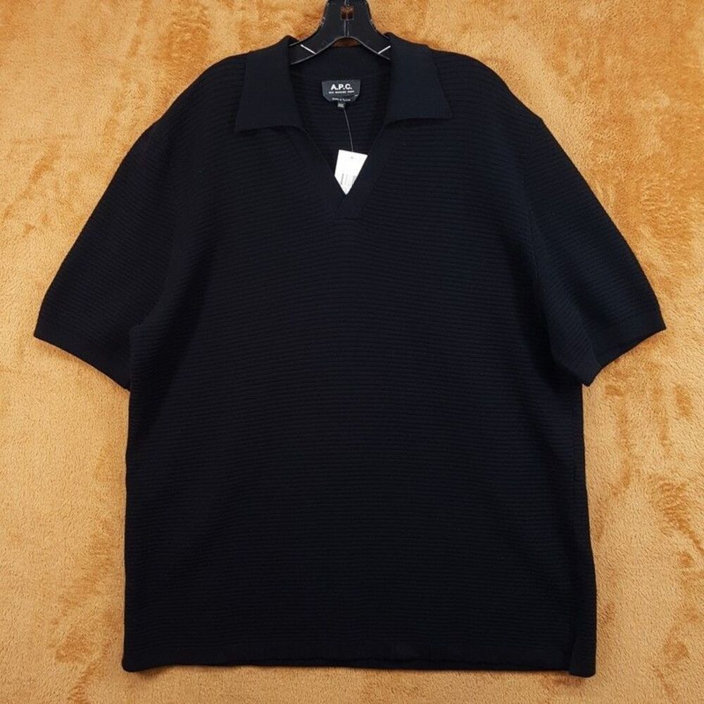 APC Polo Shirt Mens XXXL Black V-Neck Johnny Collar Textured Knit LIVIO $295 - Picture 2 of 8